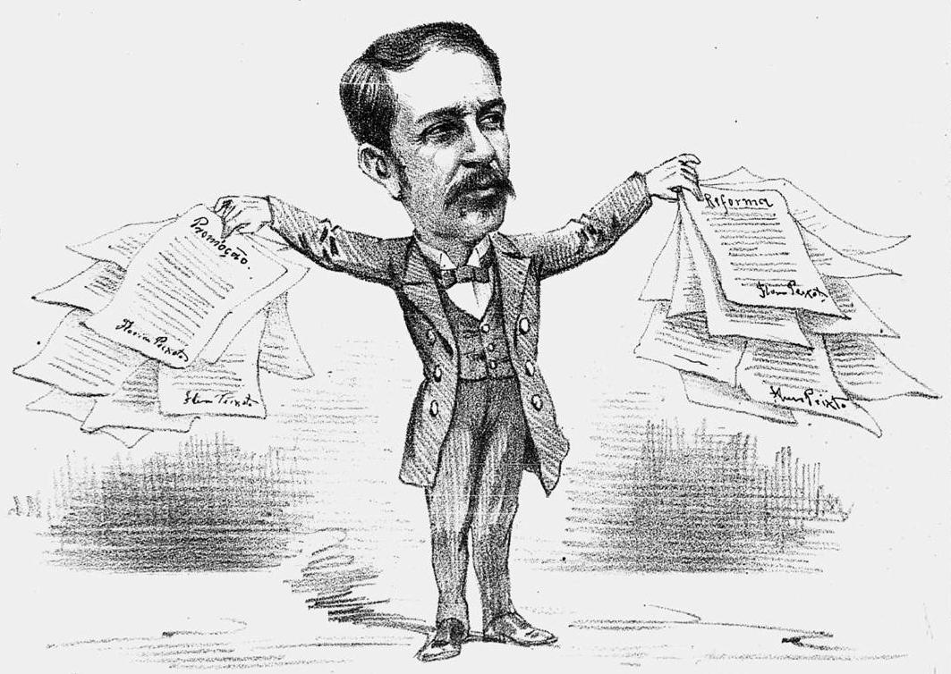 Caricatura mostra Floriano Peixoto segurando documentos de reformas e de promoções de militares.