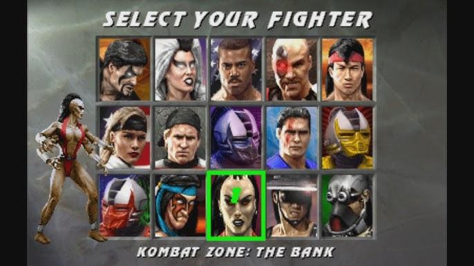 Uma tela de seleção de personagens, mostrando 15 lutadores, na versão do jogo Mortal Kombat 3 para fliperamas.