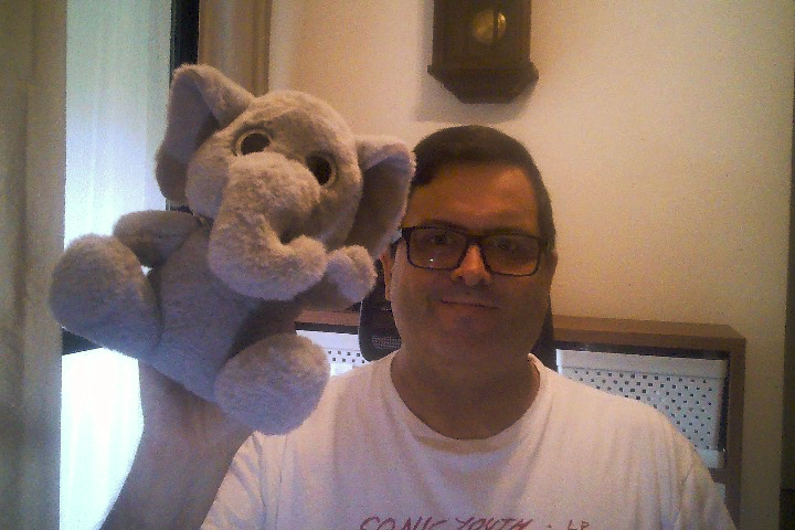 Foto minha, feita com webcam, com camiseta do Sonic Youth, olhando para a lente e segurando um elefantinho de pelúcia
