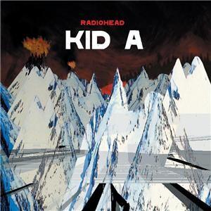 Capa do disco Kid A, do Radiohead, mostrando os picos de algumas montanhas e vulcões, em desenho colorido.<br>
