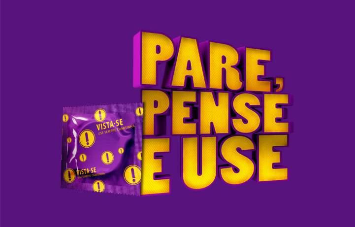 Imagem da campanha 'Pare, pense, use' (2019), do Ministério da Saúde, a favor do uso da camisinha.